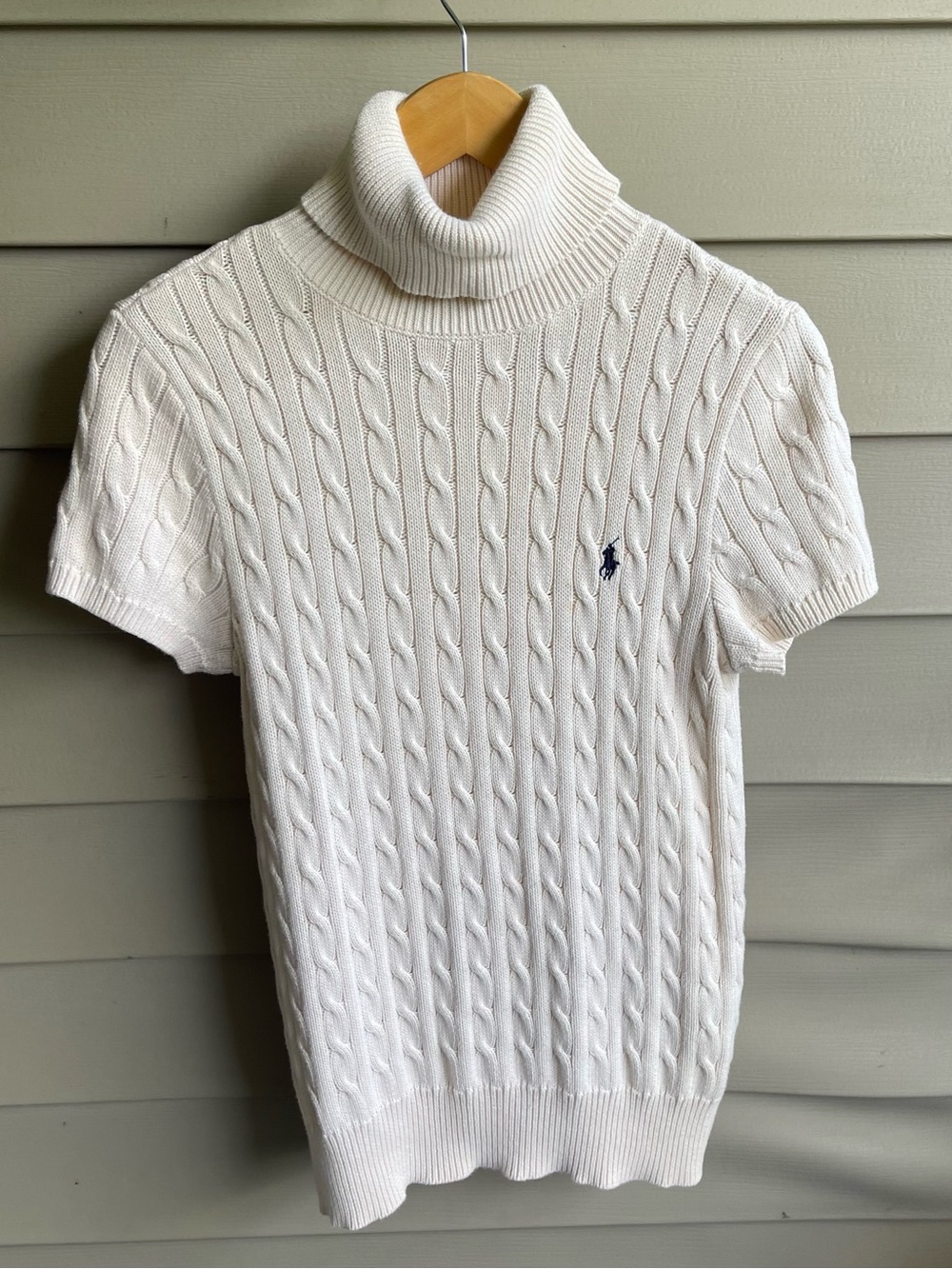 Ralph Lauren Sport Old Money Cable Knit Cotton Sweater Size L Ivory Short Sleeve